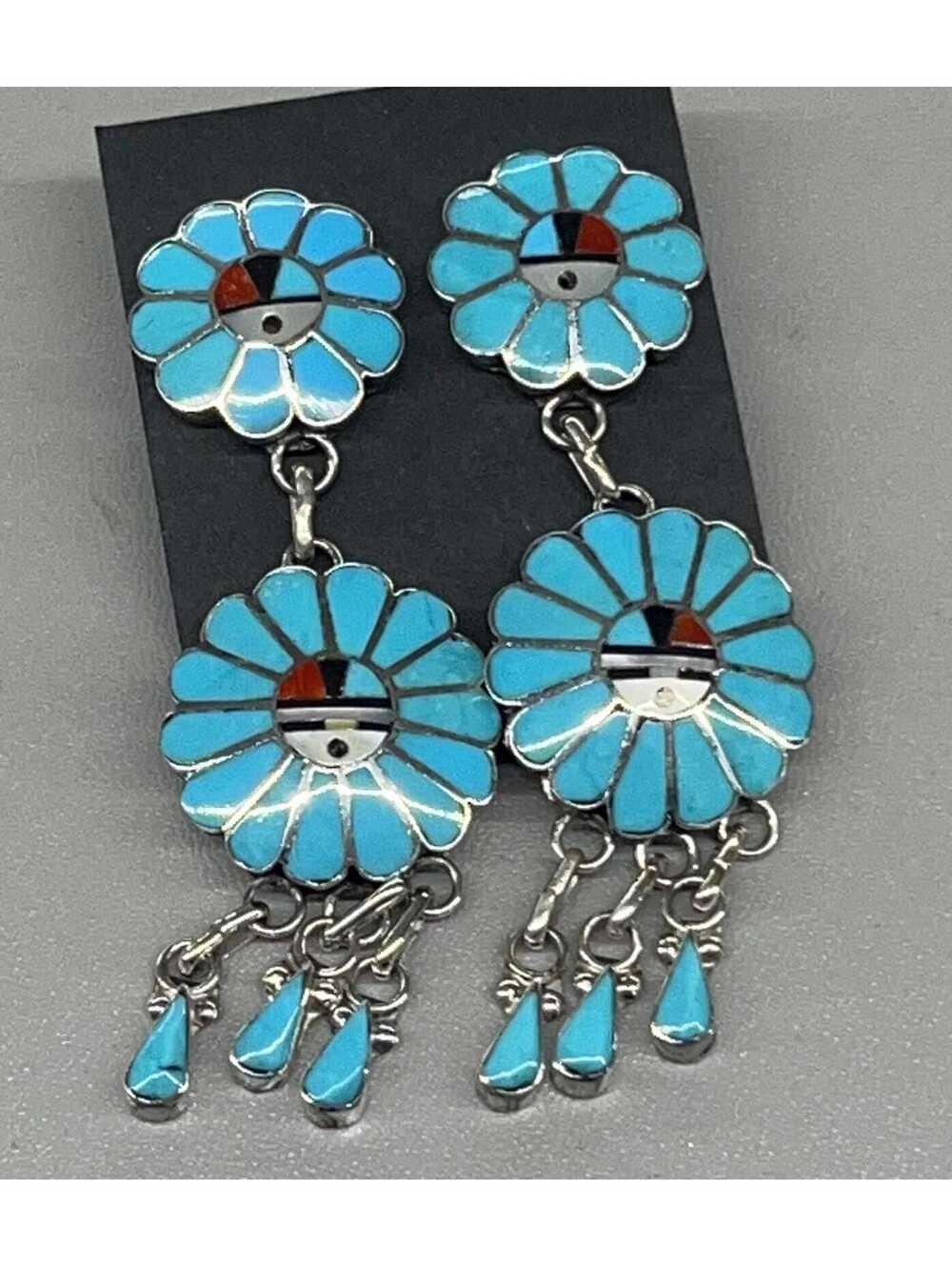 Zuni turquoise sunface traditional cluster earrings sterling silver